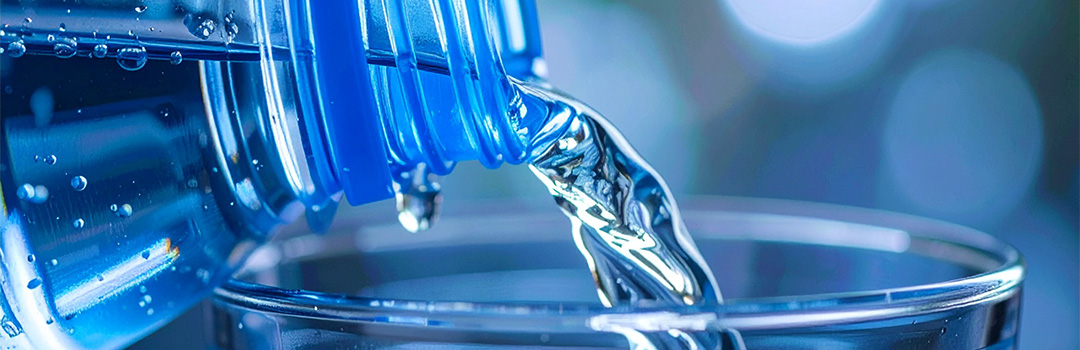 Wasser fließt aus Wasserflasche in ein Trinkglas