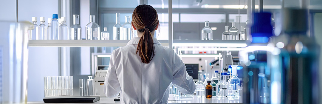 Frau im weißen Kittel arbeitet im Labor